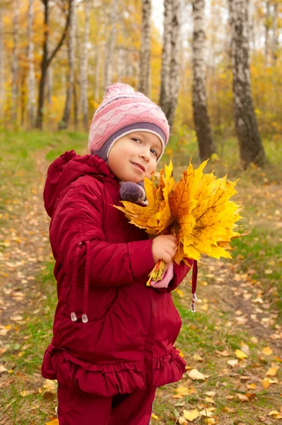 Dziewczynka z żółtymi liśćmi — Zdjęcie stockowe