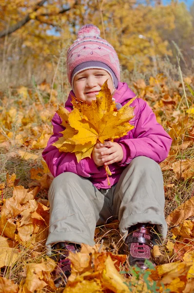 Little girl with yellow leaves — Stock Photo, Image