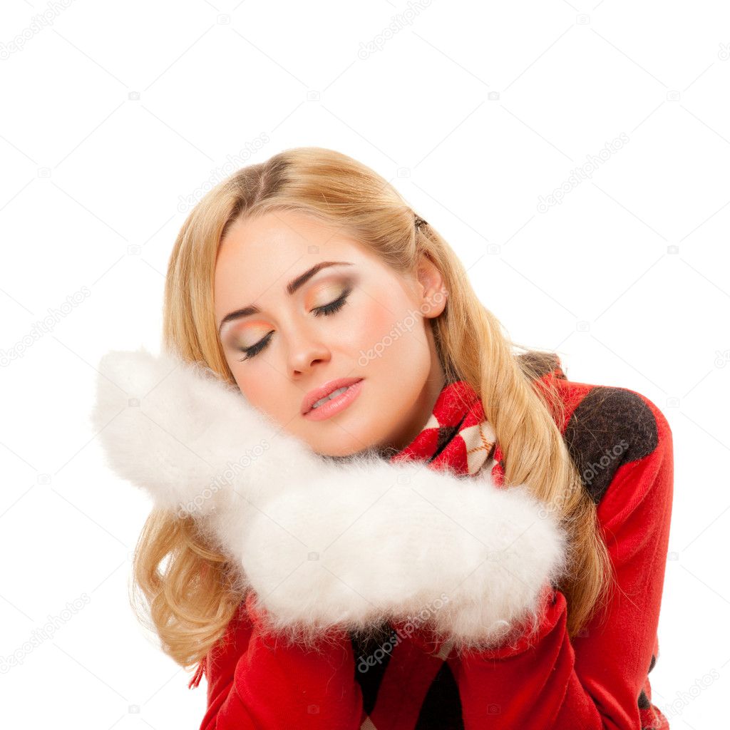 Young woman with fleecy mittens