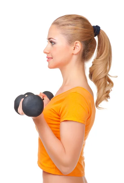 Young smiling woman with dumbbells — Stock Photo, Image