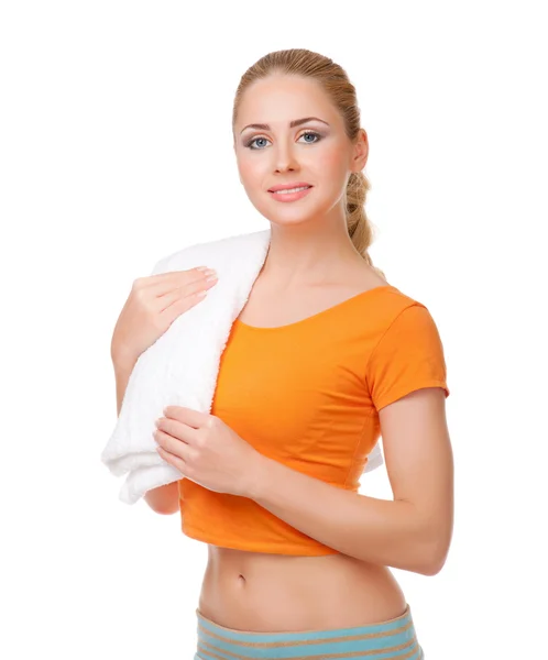 Young smiling woman with towel — Stock Photo, Image