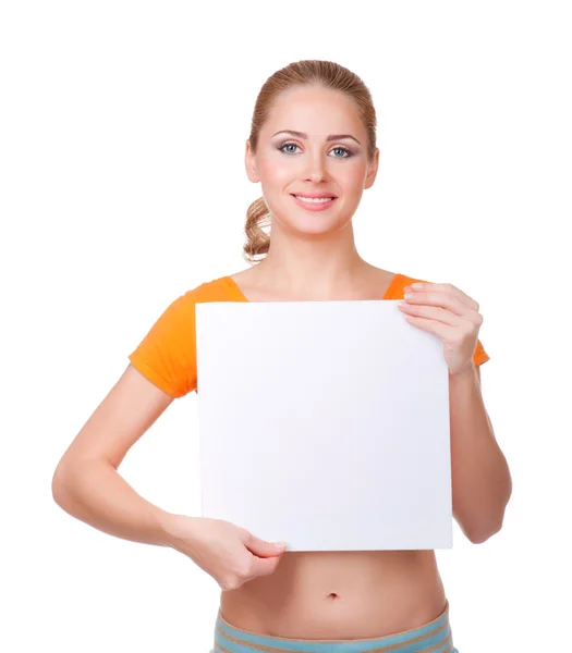 Young woman with blank card — Stock Photo, Image