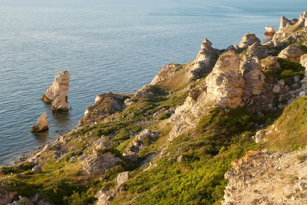 Een kustlijn met veel grote rotsen. — Stockfoto