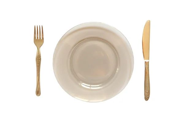Placa de jantar, faca e garfo isolados em branco . — Fotografia de Stock