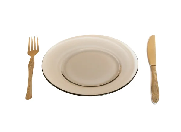 晚餐板、 刀和叉上白色隔离. — 图库照片