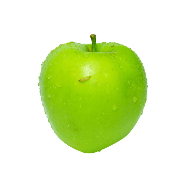 Zielone Jabłuszko z gąsienica na białym tle. — Zdjęcie stockowe