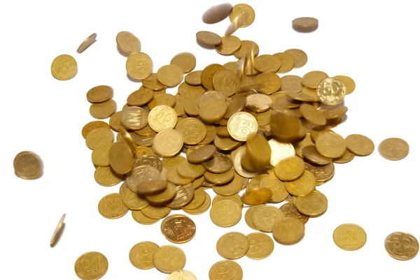 Chuva de moedas de ouro isoladas em branco . — Fotografia de Stock