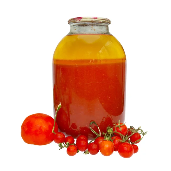 stock image Fresh and bottled tomatoes in jar isolated on white.