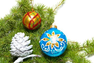 Ñhristmas baubles, fir tree and decoration isolated on white