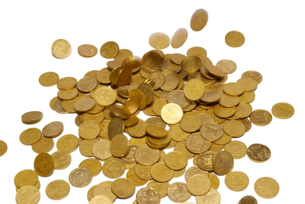 Regen van gouden munten geïsoleerd op wit. — Stockfoto