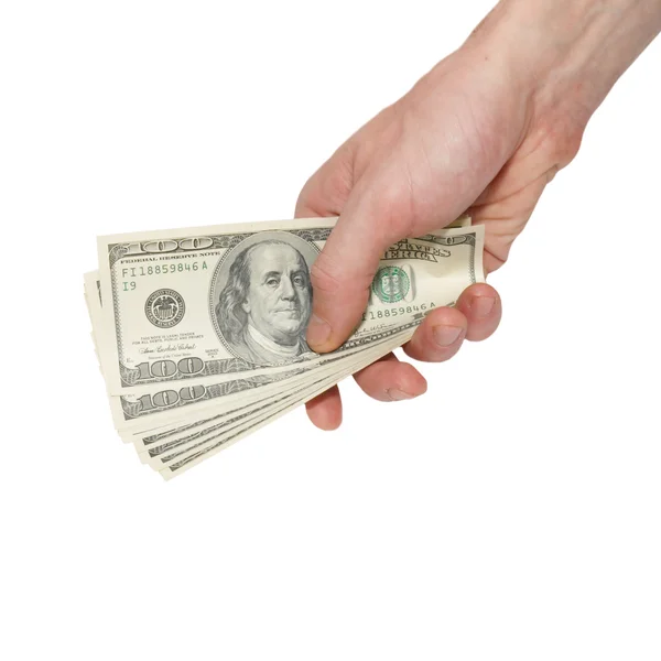 Δολάρια χρήματα στο χέρι απομονωθεί σε λευκό. — Φωτογραφία Αρχείου