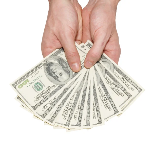 Δολάρια χρήματα στα χέρια απομονωθεί σε λευκό. — Φωτογραφία Αρχείου