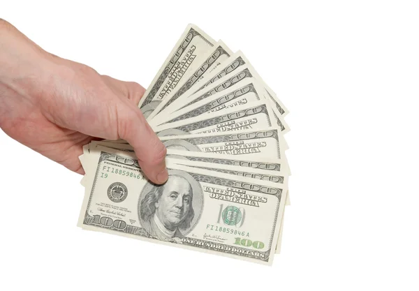Dólares de dinheiro na mão isolados em branco . — Fotografia de Stock
