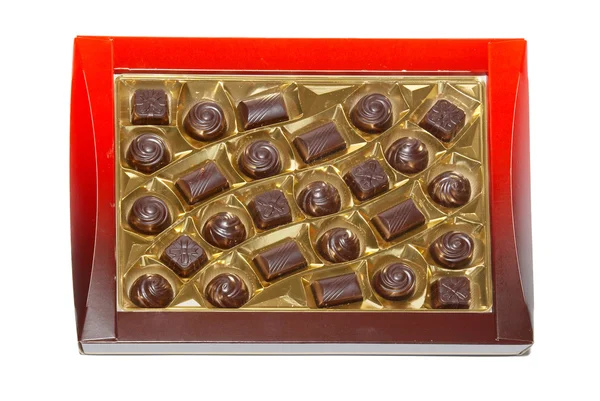 Sorterade choklad godis låda isolerad på vit. — Stockfoto