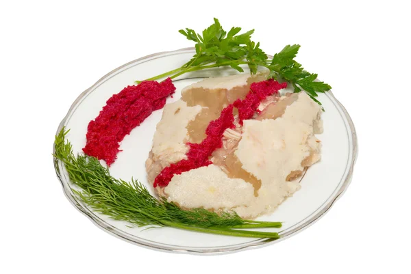 stock image Plate with jellied meat and lettuce isolated on white.