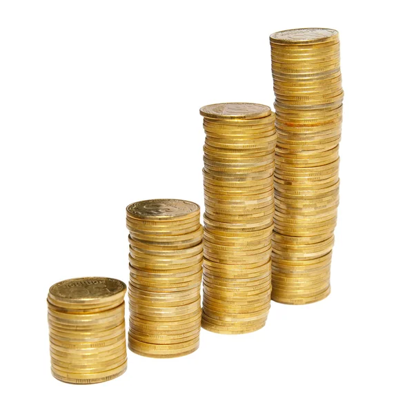Columns of golden coins isolated on white. — Stock Photo, Image