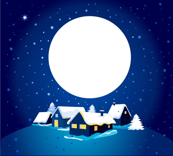 Kerstkaart met nacht stad en sneeuw — Stockvector
