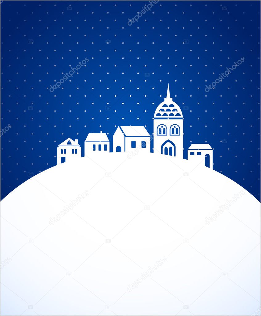 Christmas card with night town and snow