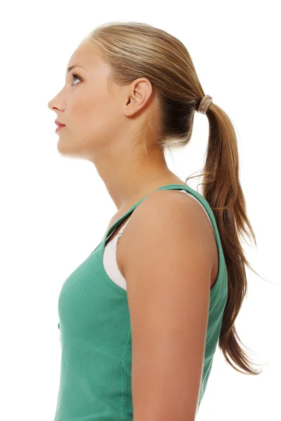 Side view of happy attractive female looking up — Stock Photo, Image