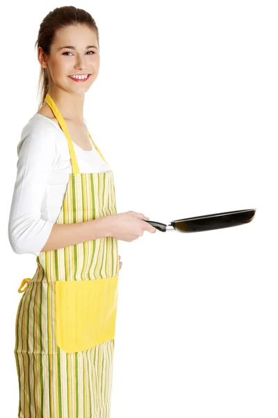 Усміхнена жінка-підліток зі сковородою . — стокове фото