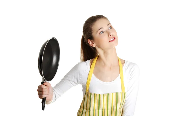 Девушка-подросток с сковородкой . — стоковое фото