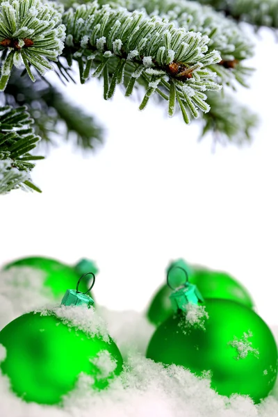 Vánoční stálezelené zapřáhnu a zelené sklo koule — Stock fotografie