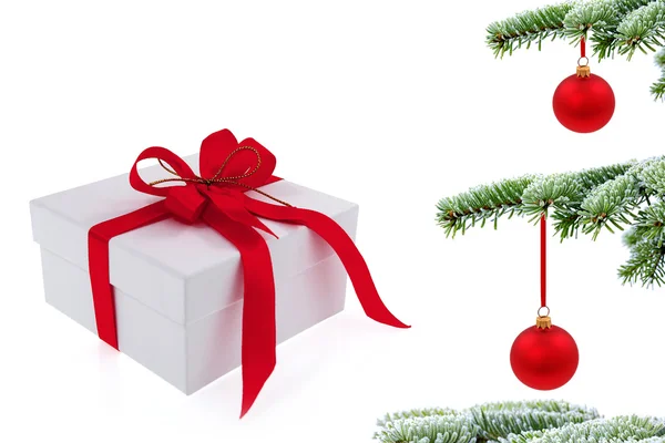 Christmas tree over gift with red ribbon — Stock Photo, Image