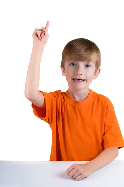 Cheerful boy raised his finger up — Stock Photo, Image