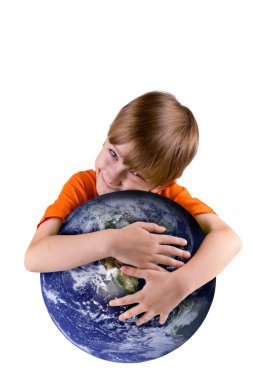 Boy embraces globe clipart