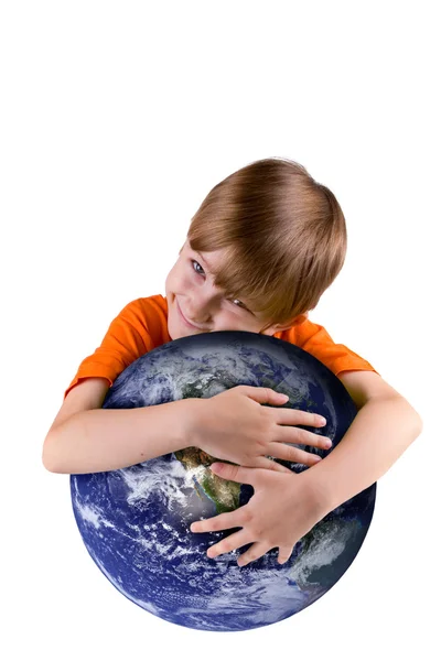 Rapaz abraça globo — Fotografia de Stock