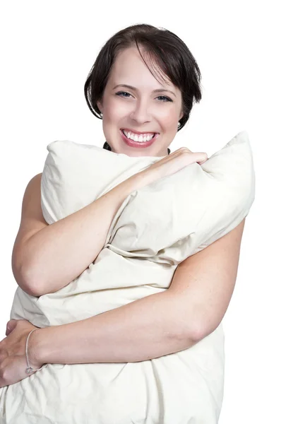 Жінка обійматися подушка — стокове фото