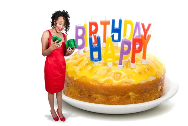 Black Woman Opening a birthday present — Stock Photo, Image