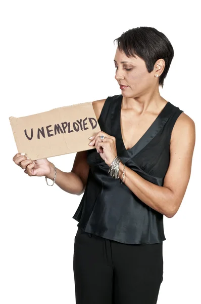 Женщина с табличкой о безработице — стоковое фото
