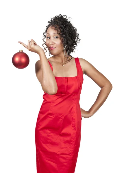 Černá žena, držící vánoční ozdoba — Stock fotografie