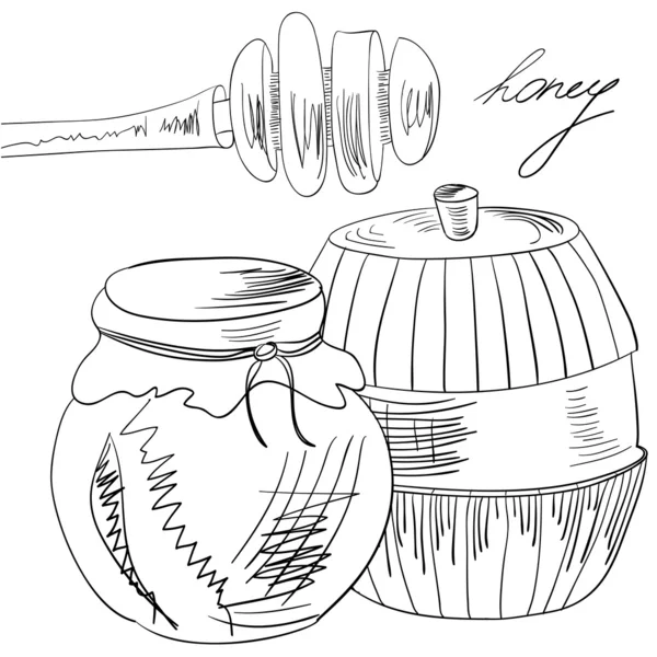 与玻璃罐蜂蜜和棍子的全草绘 — 图库矢量图片