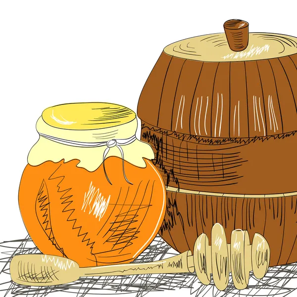 Кувшин мёда с деревянным дождевателем — стоковый вектор