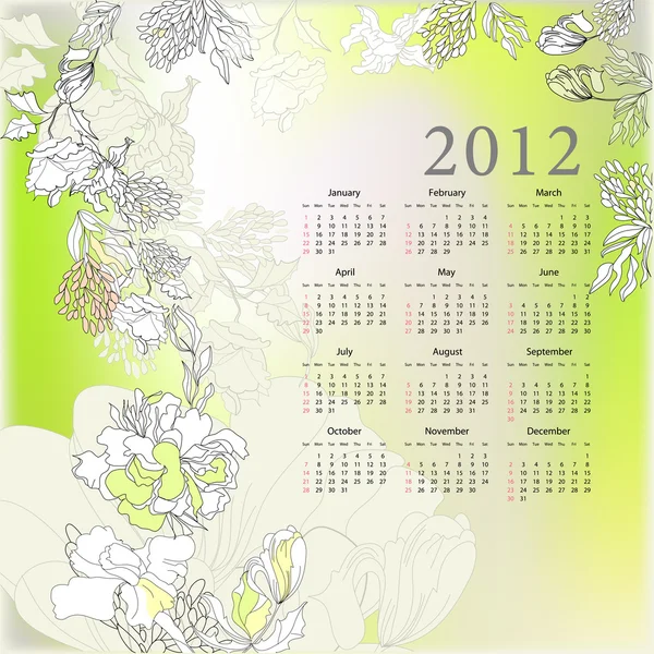 Mall för kalender 2012 med blommor — Stock vektor