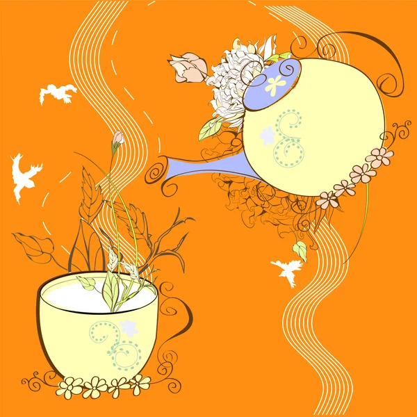 与杯和茶壶的装饰背景 — 图库矢量图片