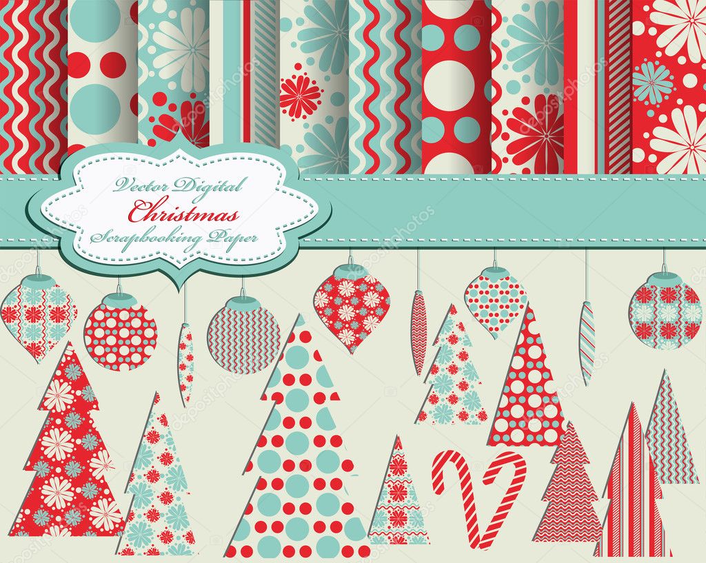 Set of Christmas vector paper and clip art for scrapbook