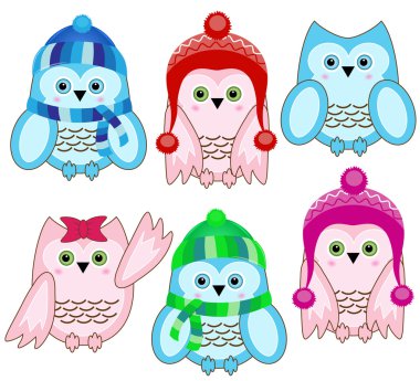 Set of vector cute winter wise owls on white background clipart