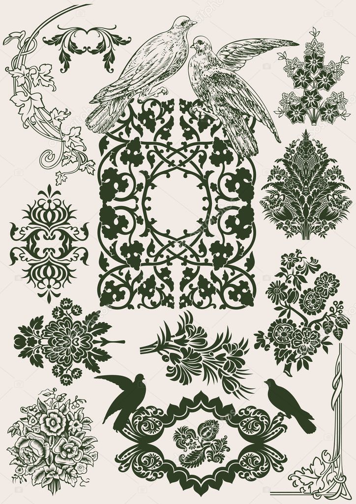 Flower Vintage Royal Design Elements And Doves.