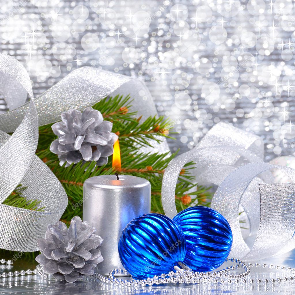 Blue christmas balls and silver candle — Stock Photo © e_mikh #7705855
