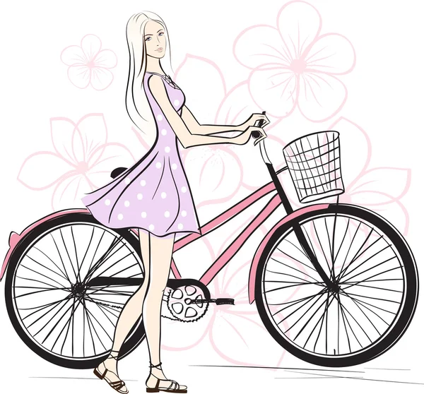 Menina romântica com bicicleta — Vetor de Stock