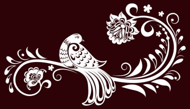 Decorative branch with a bird. decorative leaves clipart