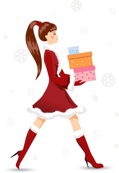 Κορίτσι με τα δώρα Χριστουγέννων. εικονογράφηση φορέας. — Διανυσματικό Αρχείο