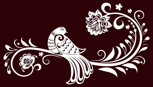 Rama decorativa con pájaro. hojas decorativas — Vector de stock