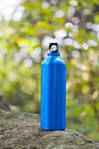 Бутылка воды в зеленом лесу — стоковое фото