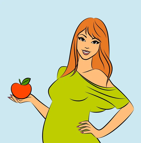 Όμορφη έγκυο γυναίκα, με ένα μήλο. — Διανυσματικό Αρχείο