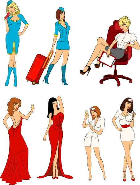 Beautiful stewardess, nurse and businesswoman. Vector illustration — Stock Vector