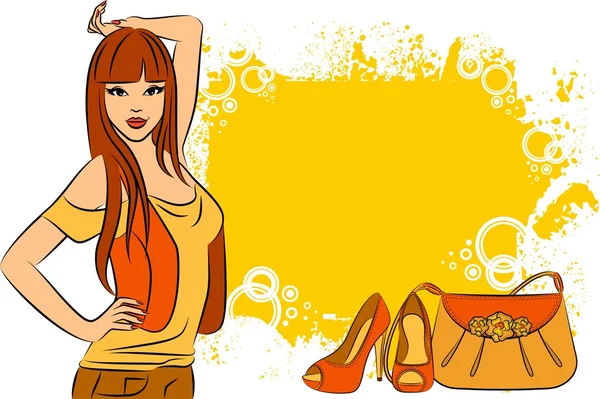 Beautiful girl with cartoon woman's bag and shoes. Vector — Stock Vector